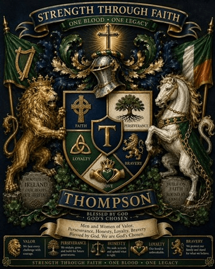 Thompson family crest — Strength Through Faith, One Blood, One Legacy
